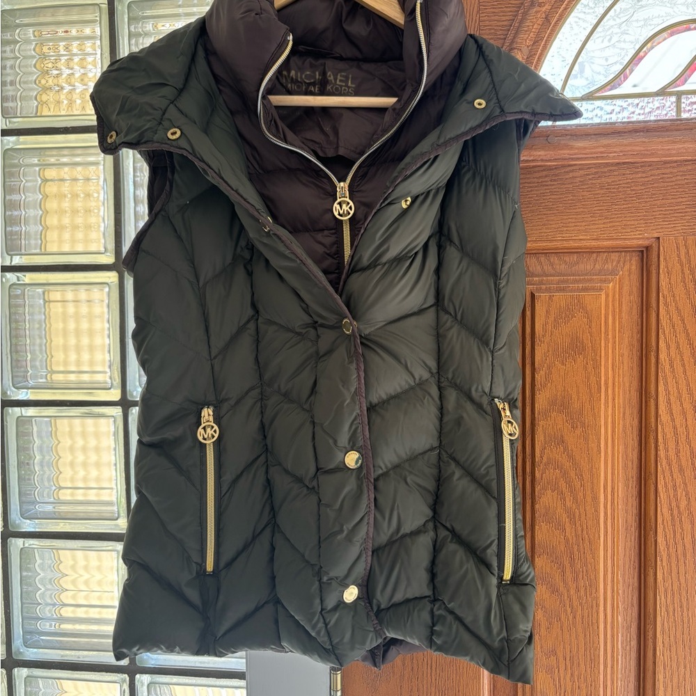 Michael Kors Dark Quilted Vest with Gold Accents
